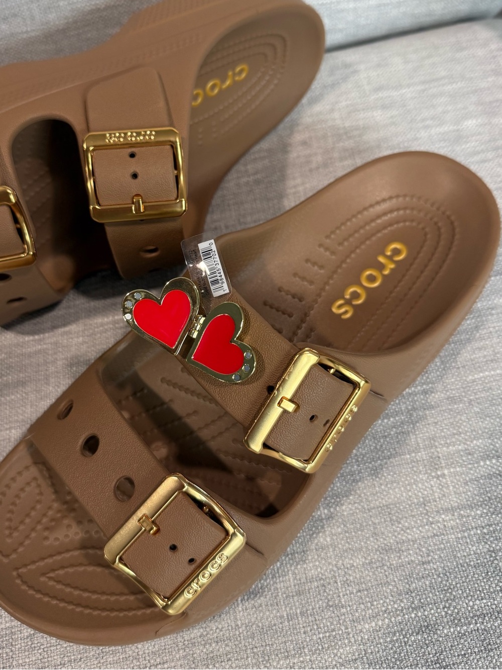 NWOT Crocs Classic Saturday Sandals Metallic Buckle Sepia with 1 FREE JIBBITZ - Picture 3 of 5